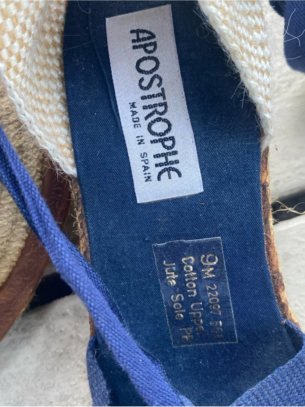 Vintage Apostrophe Navy Blue Espadrille Wedges Ankle Tie Canvas Sandals 9M Spain
